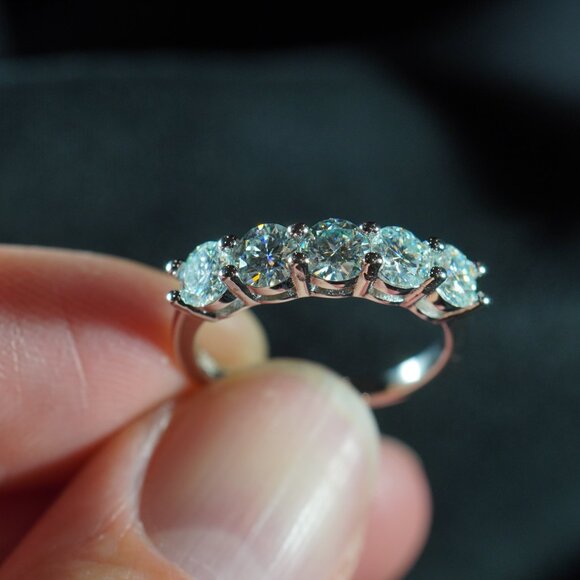 Rhodium Plated Sterling Silver Ring with 5 Light Blue Moissanite Stones - Picture 6 of 16